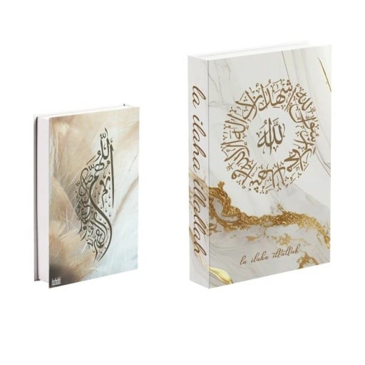 Falsk bok Öppningsbar dekorativ bok med förvaringsutrymme La ilaha illallah Guld marmor design