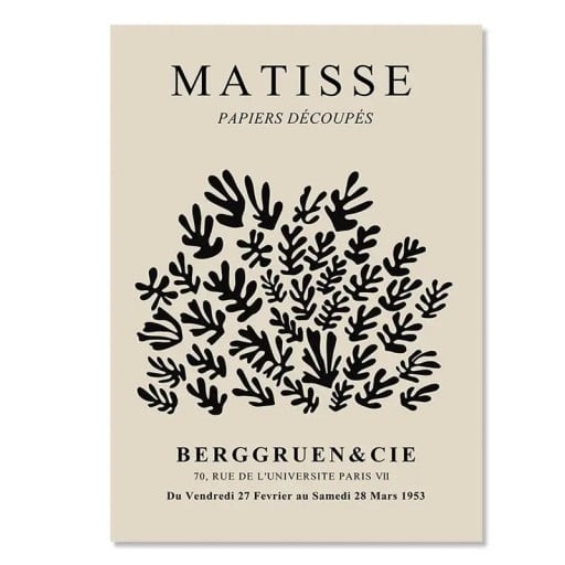 Modern plakat för vägg 40 x 60 cm Henri Matisse stil Papiers Découpés Svarta växtmotiv Minimalistisk bildtryck på duk utan ram