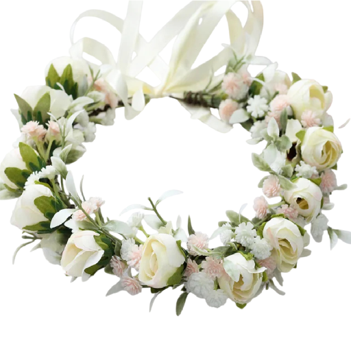 Blomsterkrans för hår Vita trädgårdsrosor och små blommor Romantisk håraccessoar med vit satinband Festlig blomsterkrans