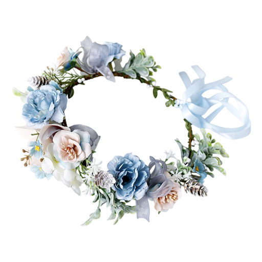Blomkrans för hår Pastellblå och beige rosor Fyllda blommor Elegantisk naturlig komposition med knytband