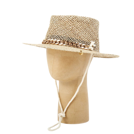 Damsk straw hat 55-57 cm Metal chain and string Summer hat against the sun Elegant beach accessory