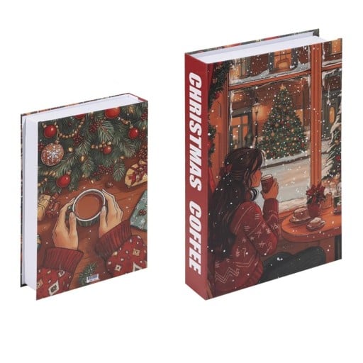 Juldekorerande falsk bok Christmas Coffee Imitation av bok på hylla Vinterbokdekoration med motiv av kaffe och julgran