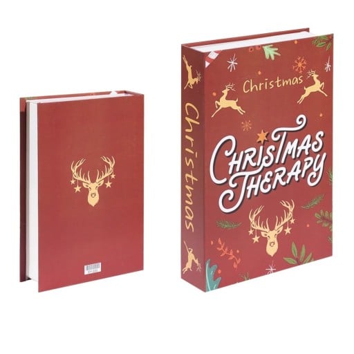 Juldekorerande falsk bok Christmas Therapy Imitation av bok på hyllan Röd bokdekoration med renmotiv