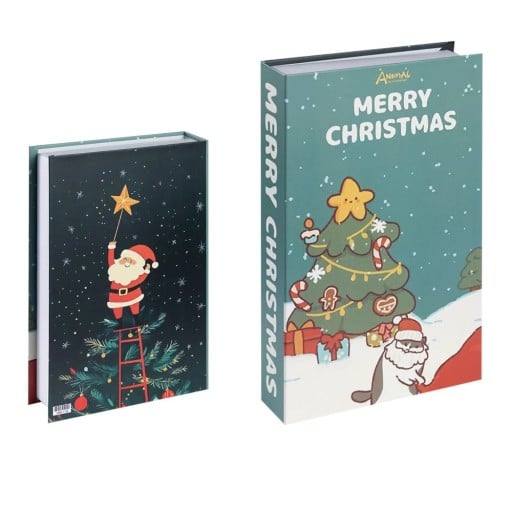 Juldekoration falsk bok Merry Christmas Imitation av bok på hyllan Vinterbokdekoration Santa Claus och gran