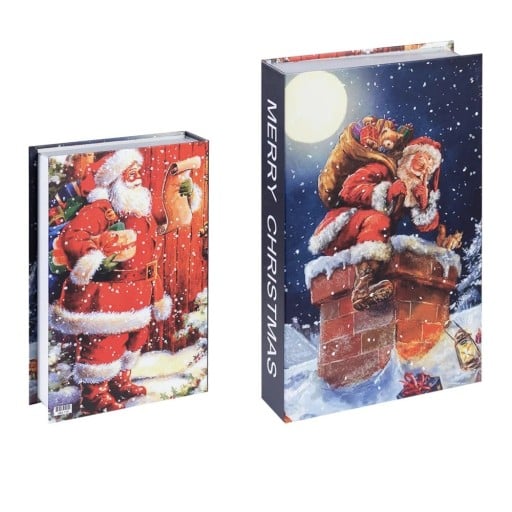 Juldekorerande falsk bok Merry Christmas Imitation av bok på hylla Vinterbokdekoration Santa Claus skorsten