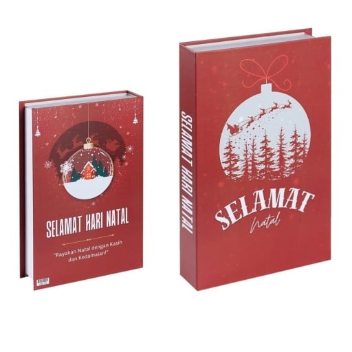 Juldekorerande falsk bok Selamat Natal Imitation av bok på hyllan Röd bokdekoration vintermotiv