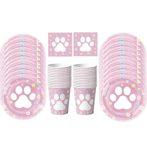 Party set med kattpote 50 st Tallrikar 17,8 och 22,9 cm Muggar Servetter Rosa engångsset för barnkalas