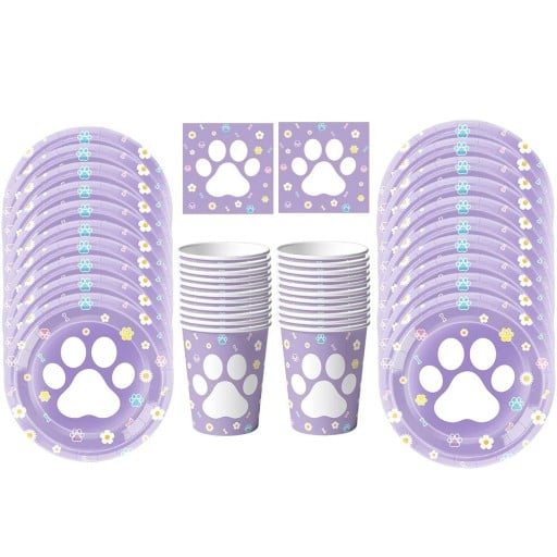 Party set med kattpoter 50 st Tallrikar 17,8 och 22,9 cm Muggar Servetter Lila engångsset för barnkalas