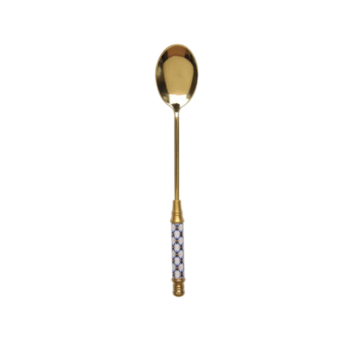 Rostfri dessertsked med lång handtag Guld kaffesked för glass tårta frukt Elegant sked med vit-blå handtag