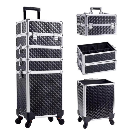 Stort sminkväska 4 i 1 med hjul 34 x 25 x 76 cm Låsbart kosmetikafodral PVC Professionell kosmetikorganisatör