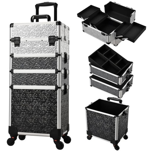 Rullande sminkväska 4 i 1 med hjul 34 x 25 x 76 cm Vattentät låsbar kosmetikväska PVC Professionell organizer