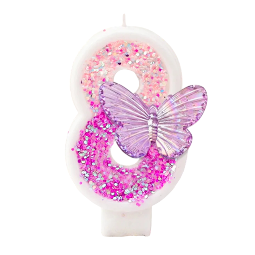 Födelsedags tårtljus nummer 8 7,5 cm Rosa ljus med glitter och fjäril Paraffin dekoration till födelsedagstårta
