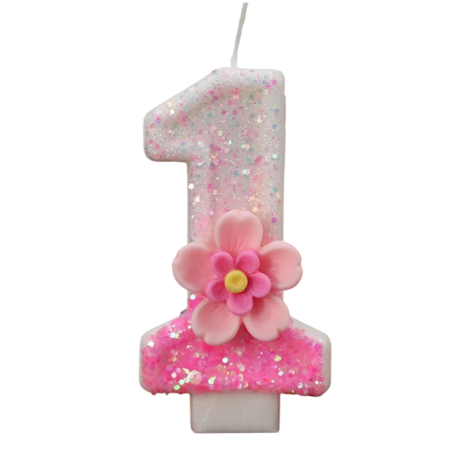 Födelsedagstårtsljus nummer 1 Rosa ljus med glitter och blomma Dekorativt ljus för födelsedagstårta festdekoration