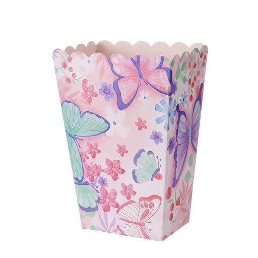 Papperslådor för popcorn med fjärilar och blommor set om 6 st pappersboxar rosa dekoration för popcorn till fester och kalas