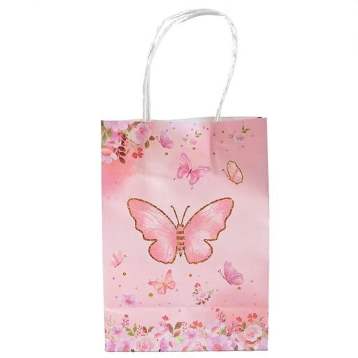 Papperspresentpåsar fjäril och blommor set 10 st papperspåsar rosa med snörehandtag för små presenter till fester och födelsedagar
