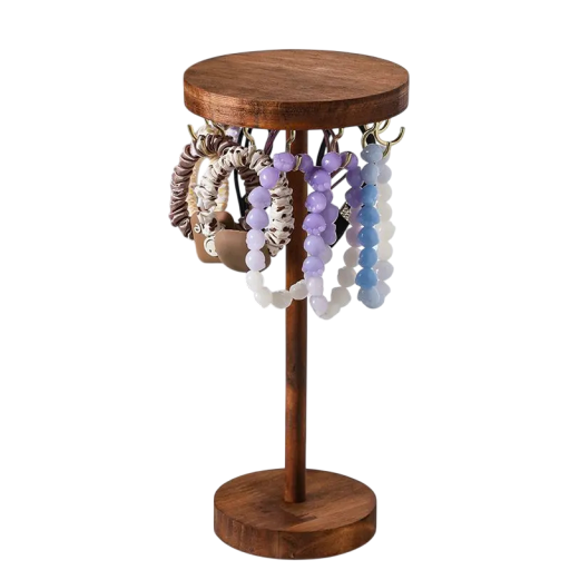 Träställ för armband med krokar 25,5 cm höjd 11,5 cm diameter bordorganisatör för smycken rund bas brun trä