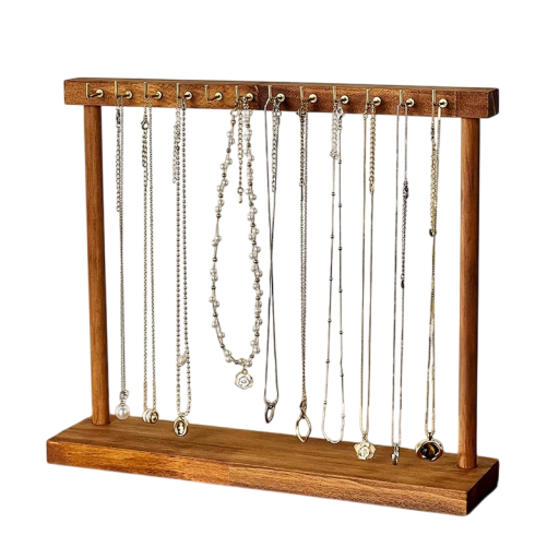 Träställ för halsband med krokar 24,5 cm höjd 30 cm längd 6 cm bredd bordorganisatör för smycken brun trä