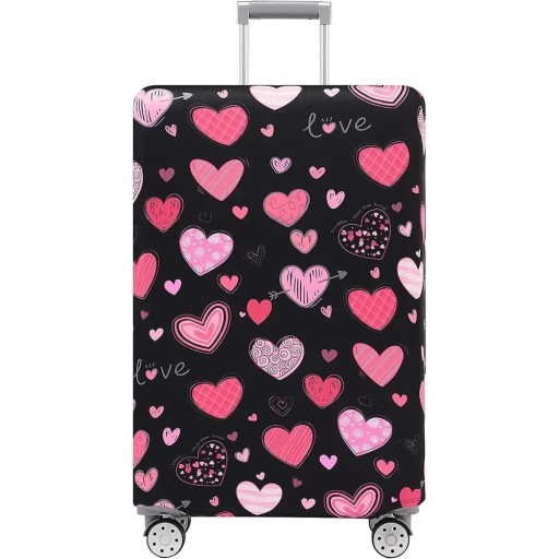 Stretchskyddsöverdrag för resväska 65–71 cm elastisk väv flexibel design svart med rosa hjärtan skydd för bagage