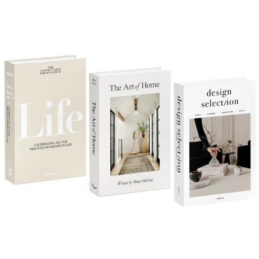 Dekorativ falsk bok Life The Art of Home Design Selection oöppningsbar imitation av bok beige-vit design dekoration på hyllan