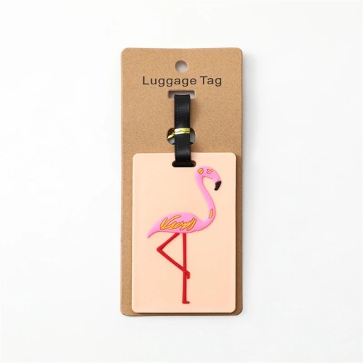 Bagageetikett med flamingomotiv 10,5 × 10,5 cm silikagel beige-rosa identifikationsmärke för resväska eller väska