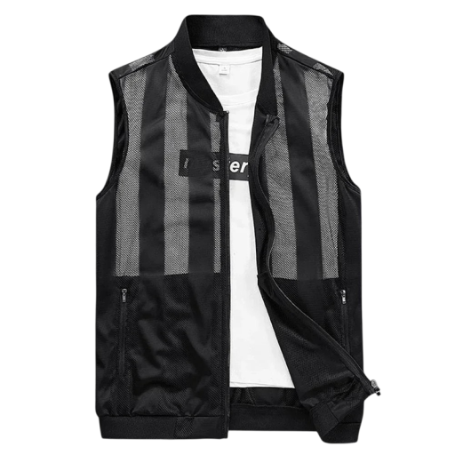 Herr halvgenomskinlig väst med fickor och dragkedja polyester svart för sport, fritidsaktiviteter och vardagligt bruk i varmare väder
