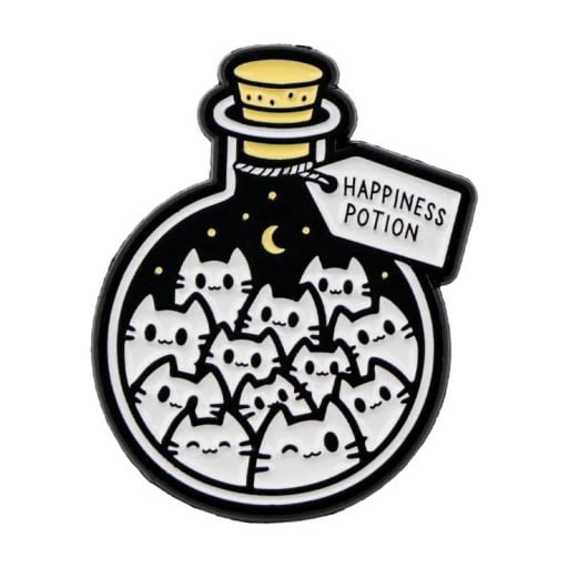 Broche flaskformad med katter ca 3,3 x 3,1 cm svartvit knapp med kattmotiv och text för jacka ryggsäck söt accessoar
