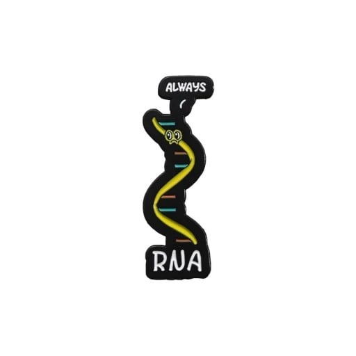 Broche RNA Always cirka 2,8 x 1 cm metallpin med flerfärgad design för kläder ryggsäck väska motiv RNA och texten Always vetenskaplig design