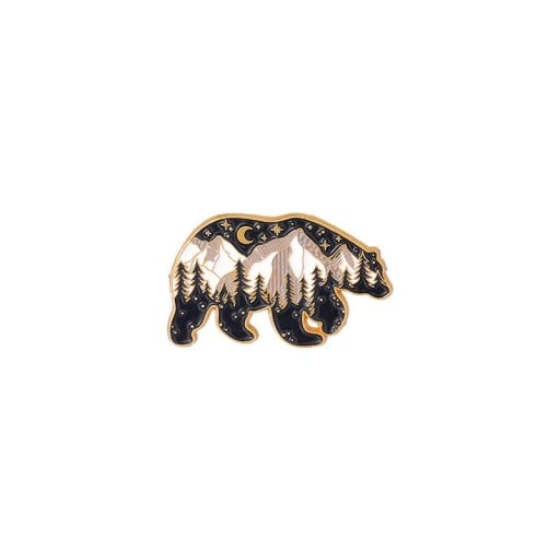 Brosch pin björn bergslandskap motiv utomhusäventyr metall svart-guld tillbehör för ryggsäck kläder vandring