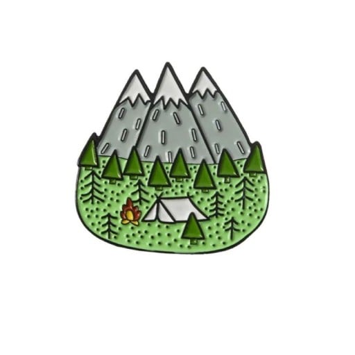 Brosch pin bergar skog tält och eld motiv utomhusäventyr metallfärgad accessoar för ryggsäck kläder vandring camping