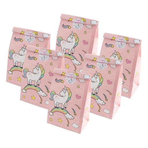 12 buc Rucsaci din hârtie roz cu motiv de unicorni 12 x 8 x 22 cm Sacii de cadouri Kraft pentru petreceri mâncare prăjituri bomboane aniversări