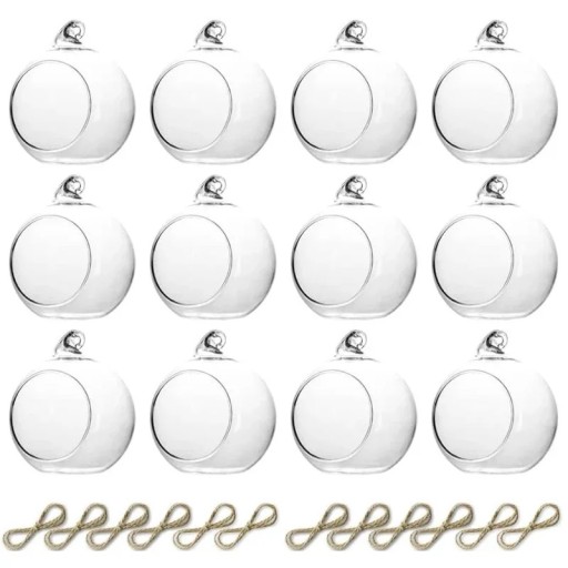 12 bucăți Sfeșnice suspendate din sticlă pentru lumânări de ceai, formă de bilă, diametru 8 cm, suporturi decorative din sticlă transparente pentru interior, petreceri și decorare de grădină
