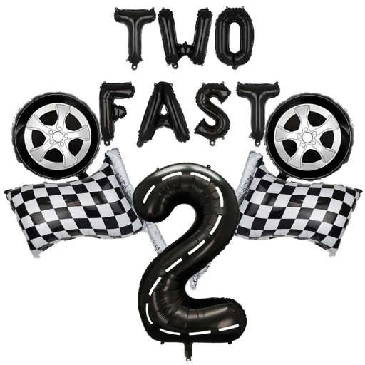 12 db Fóliás lufik Verseny témájú Two Fast 2-es számú Gumik és verseny zászlók Dekoráció gyermek születésnapi bulira