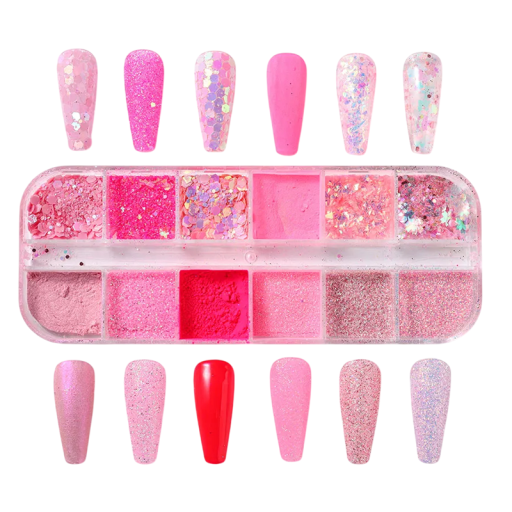12 druhov trblietavého prášku na nechty zmiešané farby pre kreatívnu manikúru a nail art