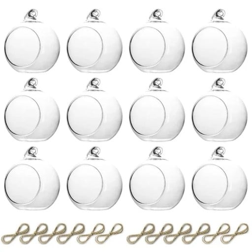 12 kusov Závesné sklenené svietniky na čajové sviečky gule priemer 8 cm sklenené priehľadné dekoratívne držáky pre interiér hostiny a záhradnú