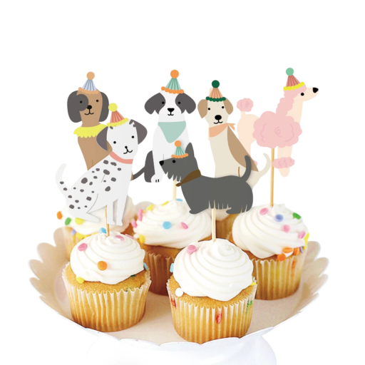 12 pcs Décorations de gâteau Chiens avec chapeaux d'anniversaire Décorations en papier sur pique pour gâteau d'anniversaire d'enfants
