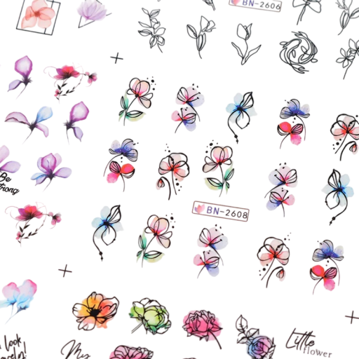12 pcs Ink Transfer Nail Stickers 16.5x25.5 cm Watercolour Flowers Cats Butterflies Graffiti Leaves Summer Water Decals Manicure