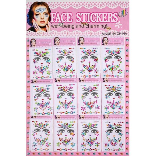 12 Sheets of Self-Adhesive Coloured Gems for Face Jewellery 3 4 5 mm Mix for Wedding and Evening Make-up Festivals Carnivals Balls and Creative Make-up