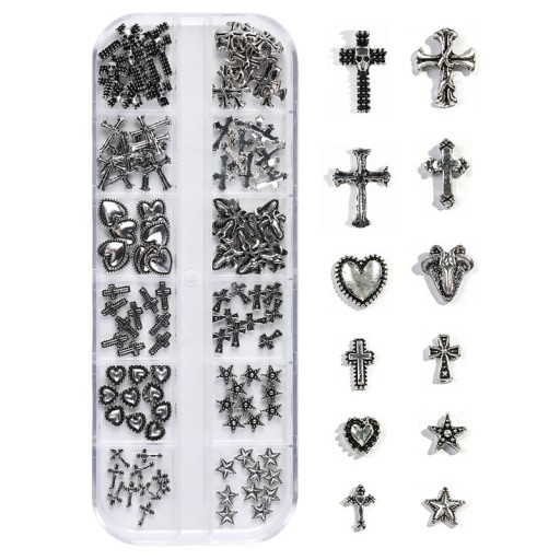 120 ks kovové ozdoby na nehty kříže srdce hvězdy Evropsko-americký tmavý vintage styl Y2K Premium Metal Nail Art dekorace krabička