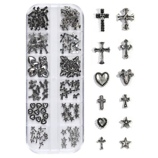 120 sztuk metalowych ozdób do paznokci krzyże serca gwiazdy europejsko-amerykański ciemny vintage styl Y2K Premium Metal Nail Art dekoracje pudełko