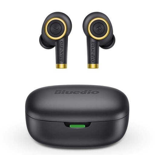 Trådlösa öronsnäckor med laddningsbox Bluetooth 5.0 Mikrofon för samtal Batteritid 6 timmar Musikstyrning Svart med guldiga detaljer