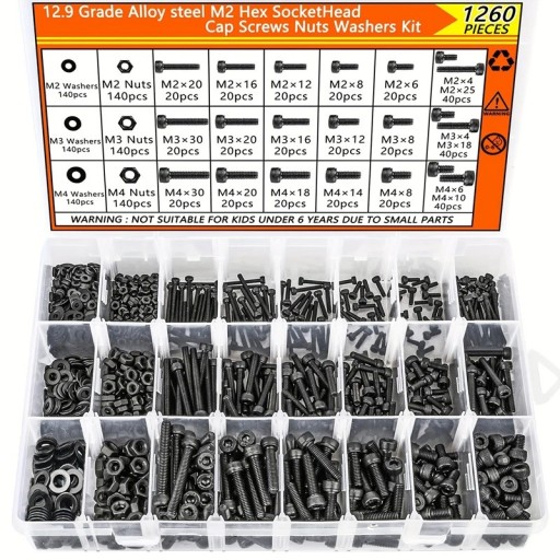 1260 ks sada imbusových šroubů, matic a podložek M2 M3 M4 12.9 třída oceli černá pro přesnou montáž a spojování dílů
