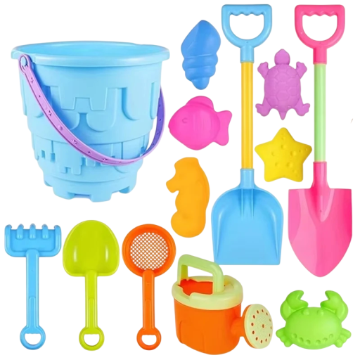13-Piece Children's Beach Toy Set with Bucket and Moulds Plastic Tools for Water and Sand Play for Outdoor Fun