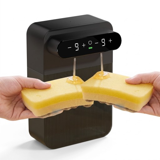Automatisk dispenser för gelé tvål 2 x 400 ml med måtten 150 x 220 x 95 mm, med två utloppsöppningar och beröringsfri sensor i svart färg
