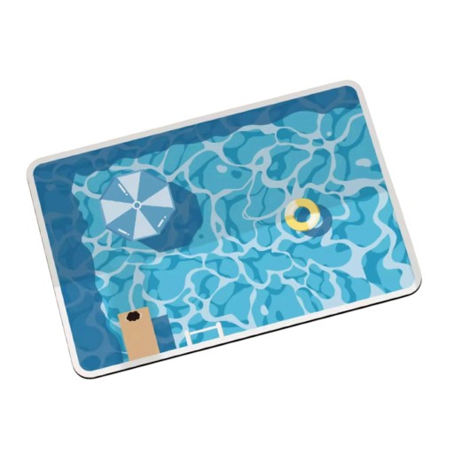 Halkskyddande badrumsmatta 40 x 60 cm med tryck av pool med solparasoll och simring med rundade hörn i blå färg