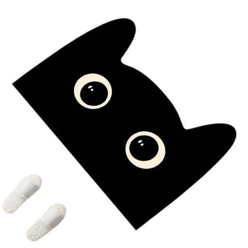 Badmatta 40 x 60 cm i form av en katthuvud med öron och stora ögon med halkfri botten i svart färg med krämiga detaljer