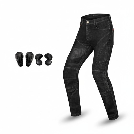 Motojeans med svarta perforerade knä- och höftskydd Nätpaneler och elastiska insatser Polyester och bomull Svart Motorcykelkläder