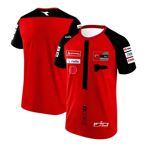 Herr röd t-shirt med korta svarta ärmar i stil med motorcykelracerdress för motorcykelfans och väg tävlingar