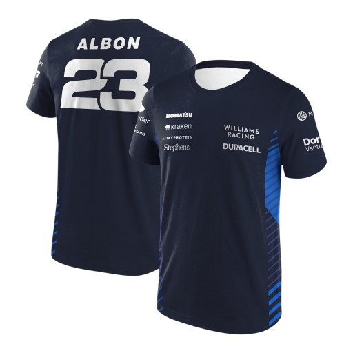 Herr T-shirt med kort ärm i stil med ett teamtröja från formel 1 med nummer 23 på ryggen och blå ränder på sidorna i mörkblå färg