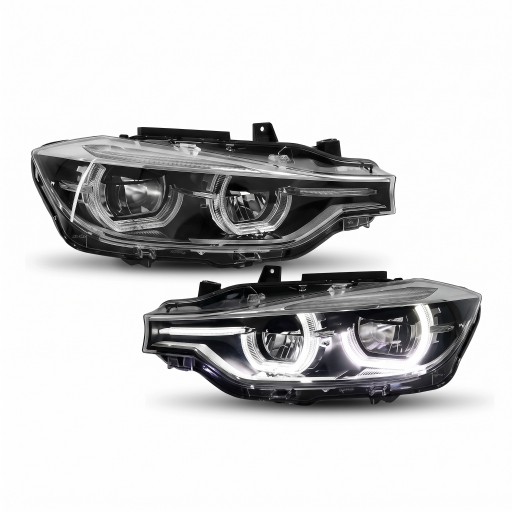 Framljus 2 st med LED dagsljus, blinkers, halvljus och helljus, svarta, för BMW 3-serien F30 2012–2019 med halogen