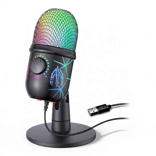 Spel USB mikrofon för PC 16 x 9 cm svart kondensatormikrofon med LED-belysning hörlursanslutning och brusreducering